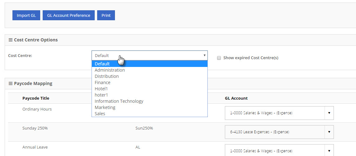 GL Select Cost Centre