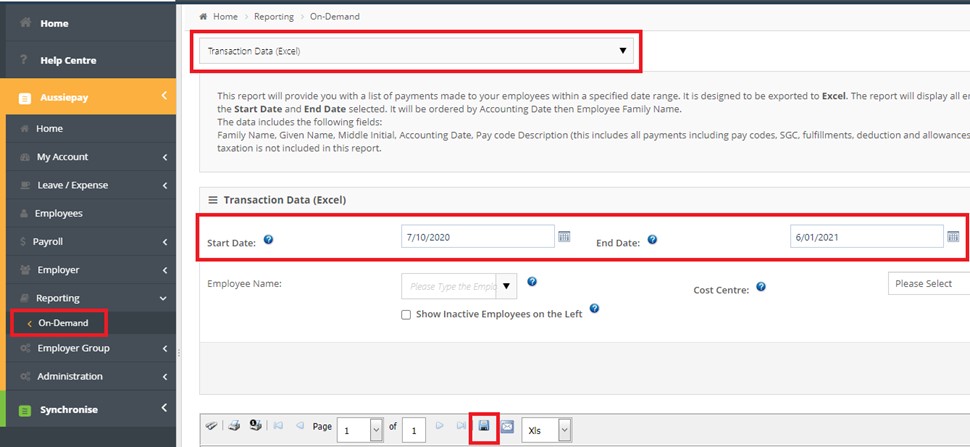 View Transaction Data (Excel) Report