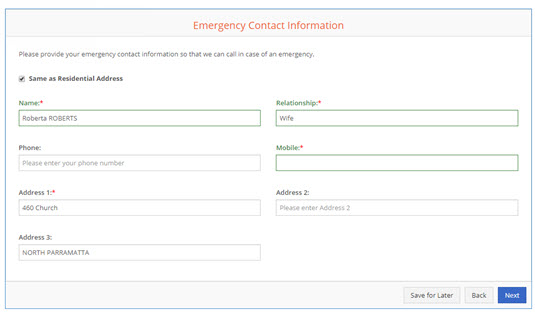 Emergency Contact details are entered