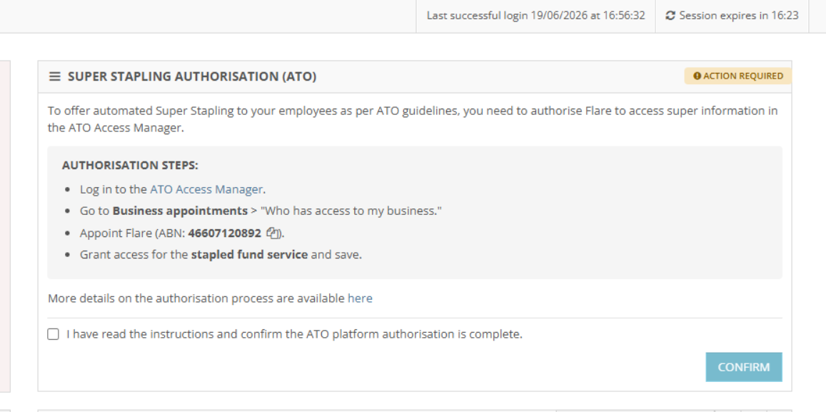 Super stapling authorisation instructions on the Onboarding Dashboard