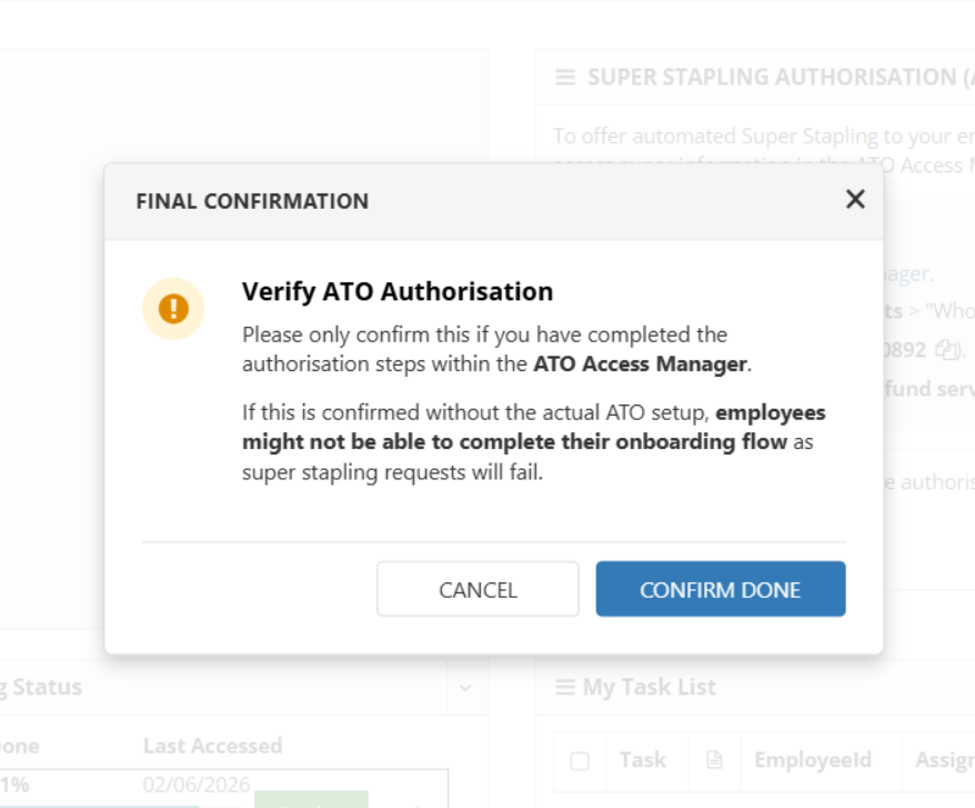 Final confirmation popup for ATO authorisation