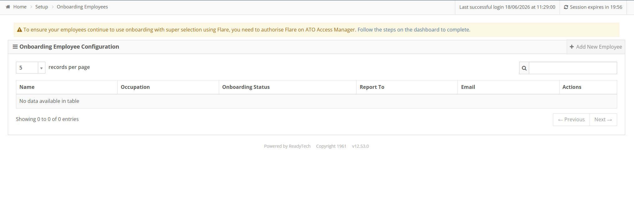 Onboarding Employees screen with super stapling authorisation banner