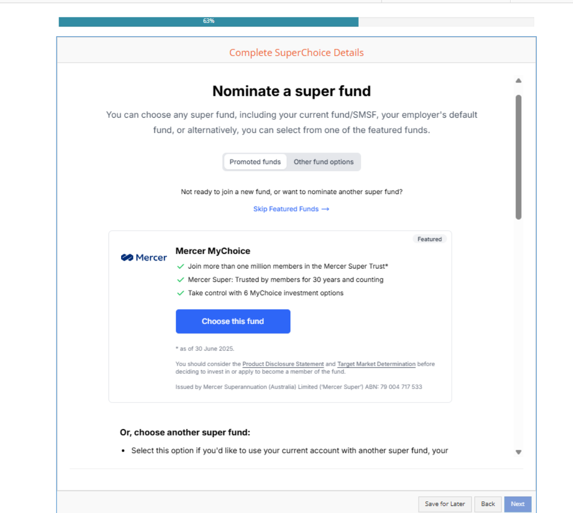 Other fund options in the Super Choice onboarding step