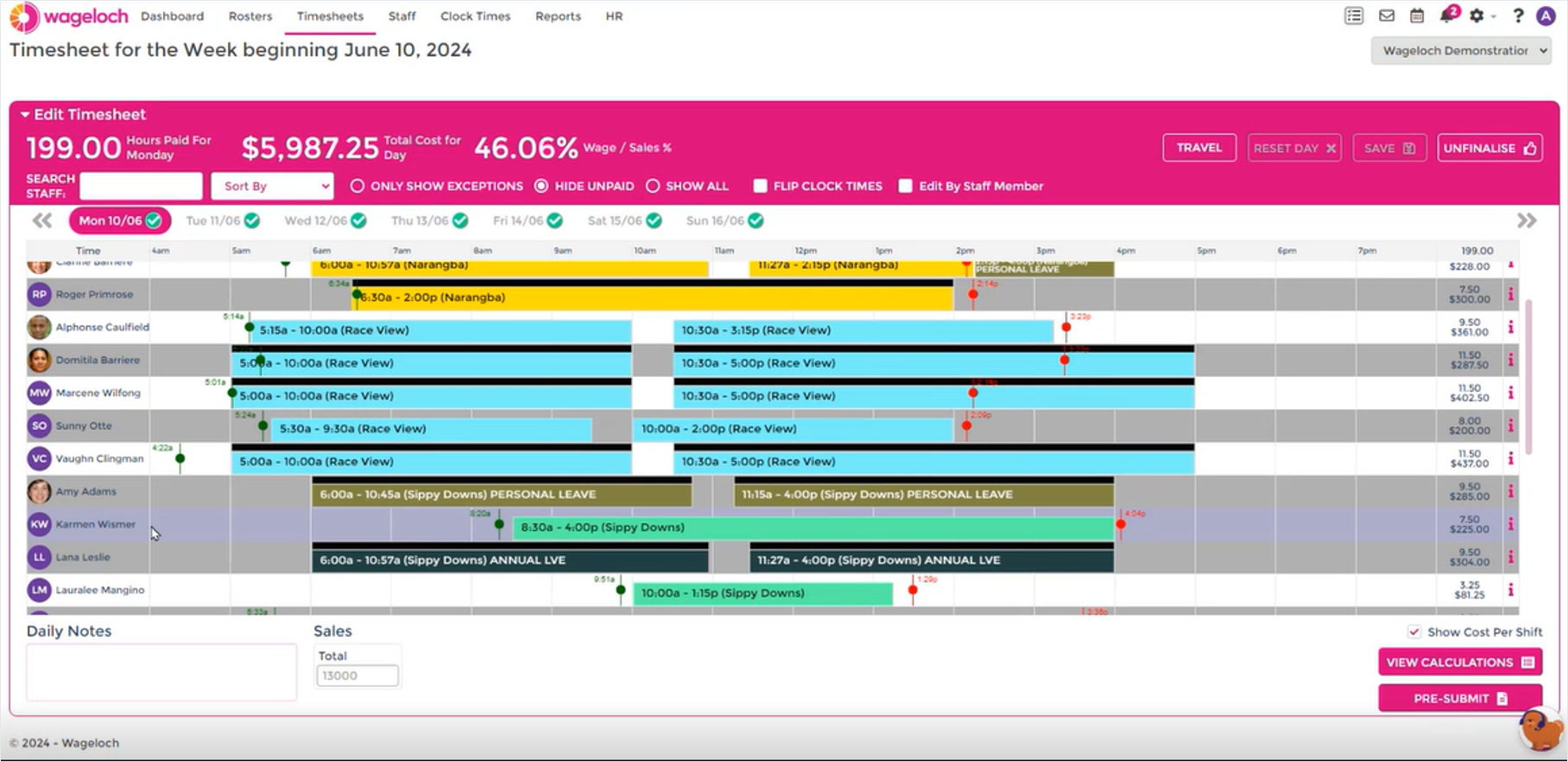 Timesheets screen