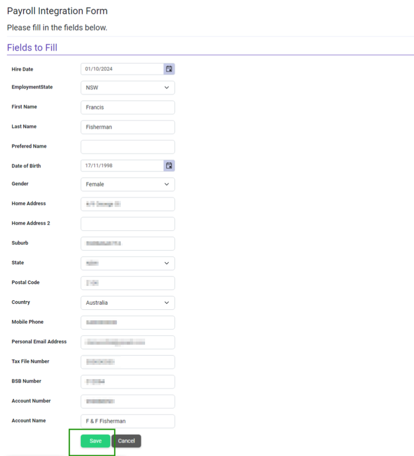 Review payroll form details and click Save