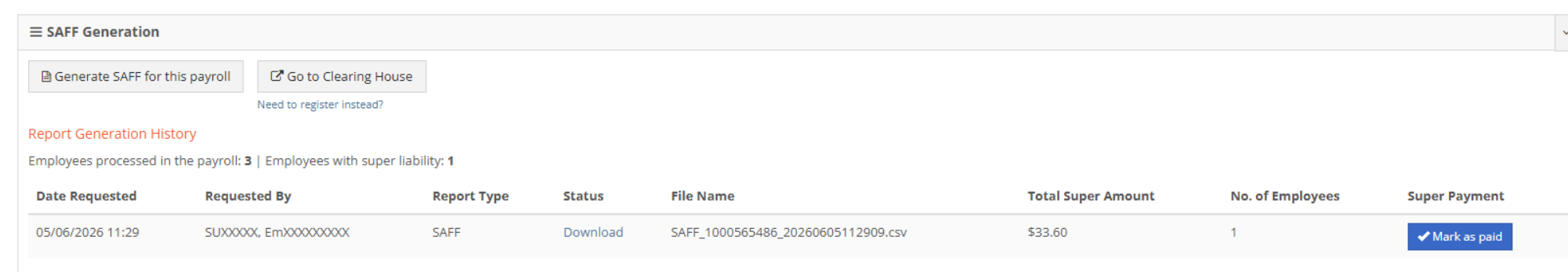 SAFF Generation widget on a paid payroll