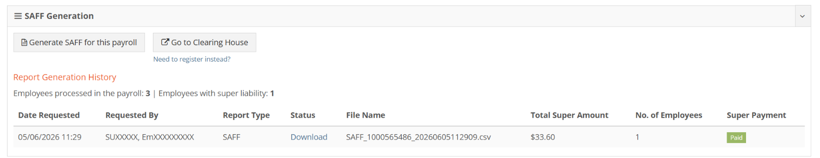 Paid status in the SAFF Generation widget