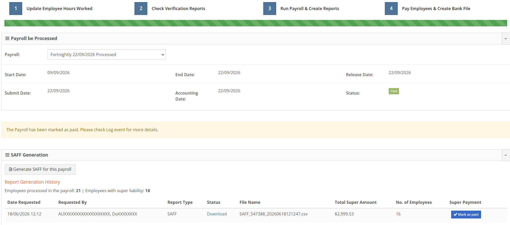 SAFF Generation widget in Step 4 of the payroll wizard