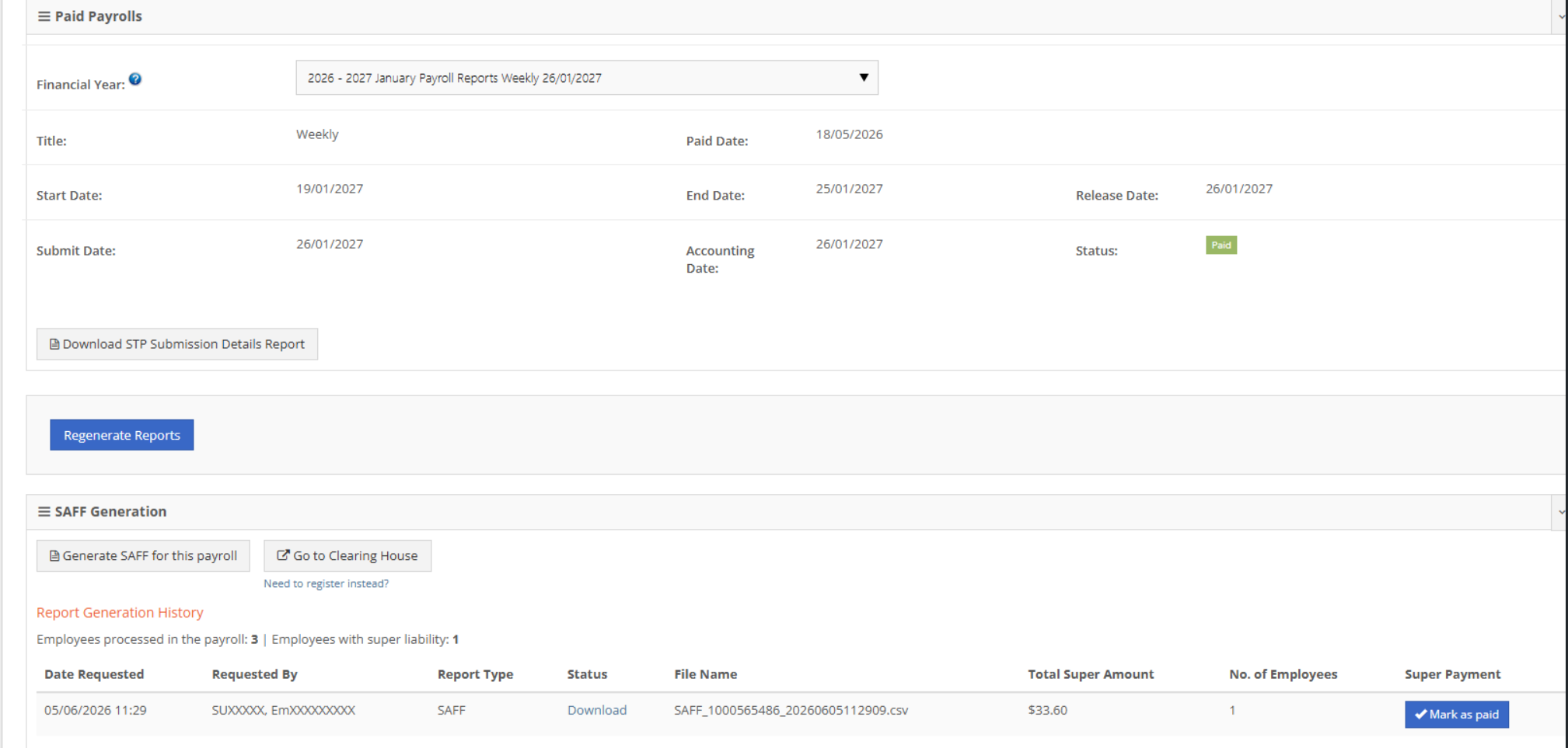 SAFF Generation widget on the Paid Payrolls screen