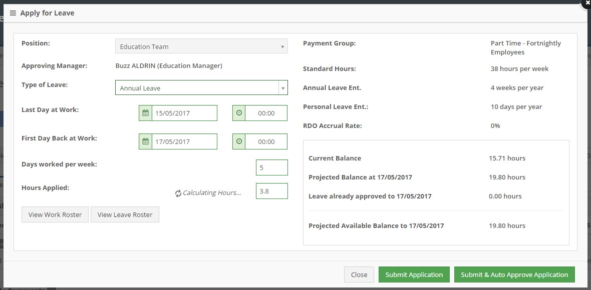 Apply for Leave Dialog - Manager