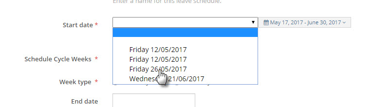 Start Date dropdown