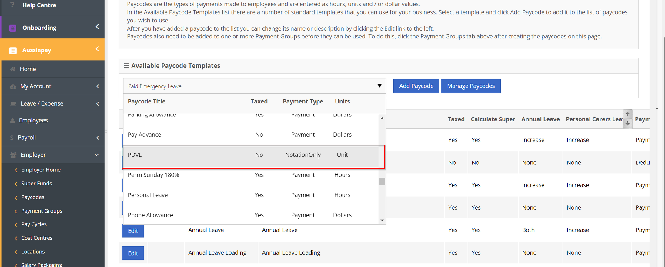 Choose PDVL Paycode