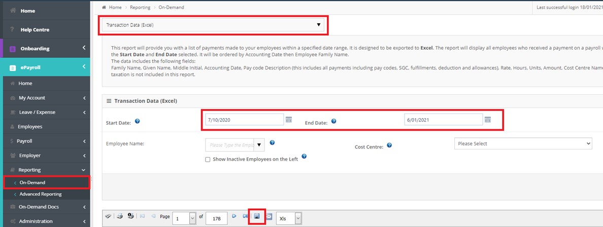 View Transaction Data (Excel) Report