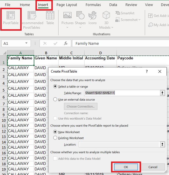 Insert Pivot Table